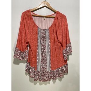 Style & Co. blouse peasant shirt boho floral decorative border orange women XL
